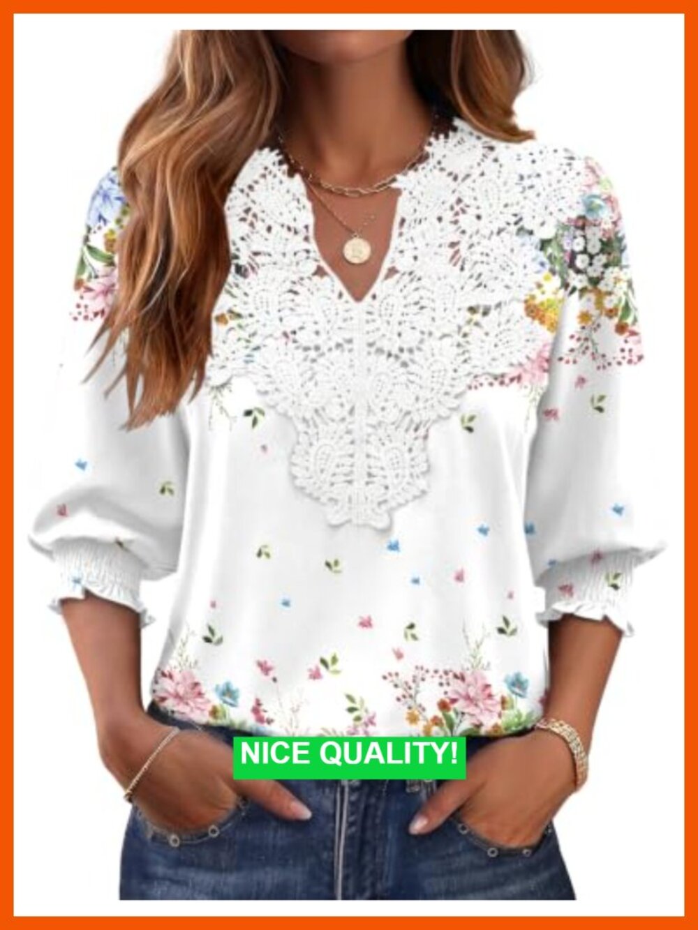Womens 3/4 Sleeve V Neck Linen Shirt Loose Fit Chiffon Blouse Flowy Swiss Dot